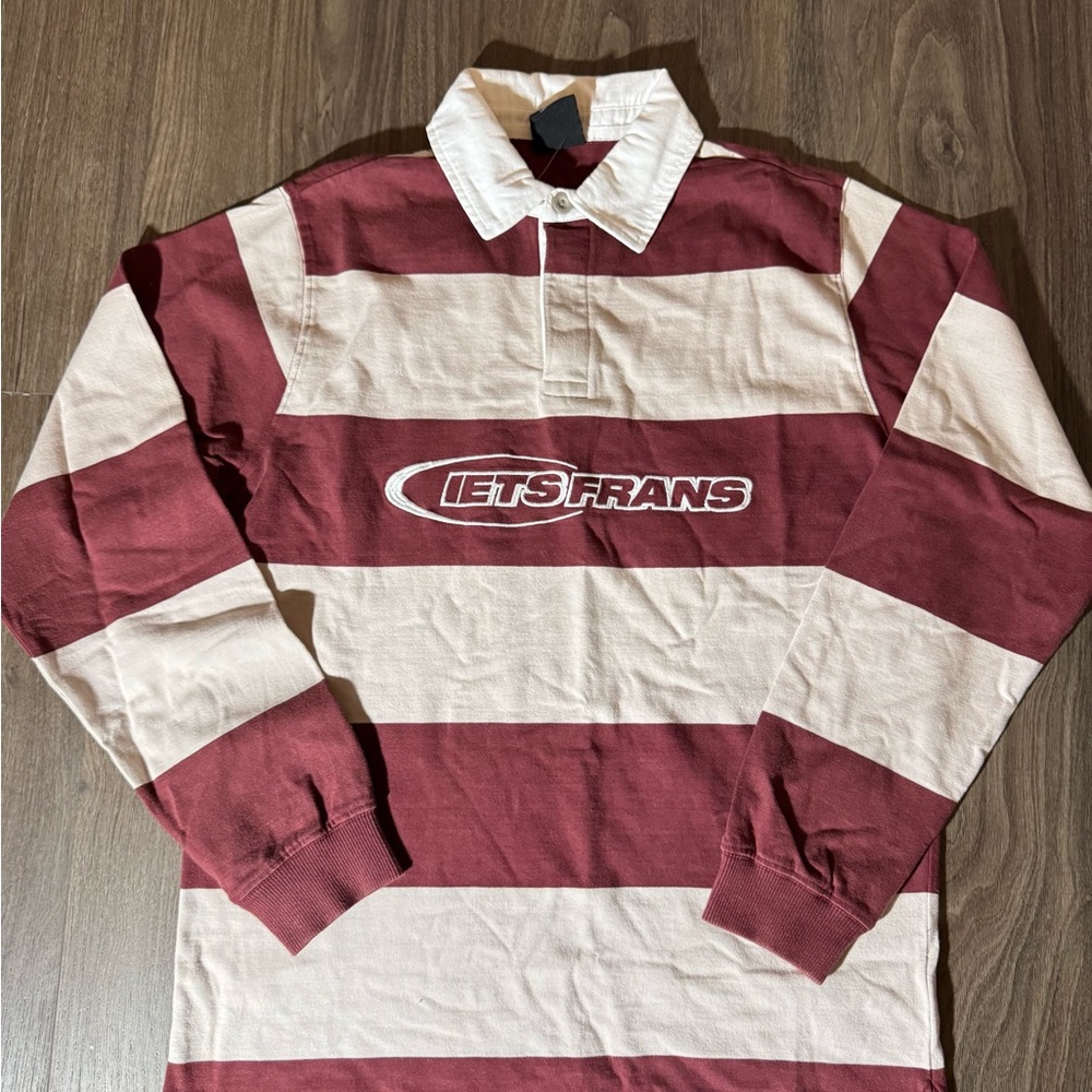 Iets Frans Men's Burgundy and Cream Striped Casual Shirt